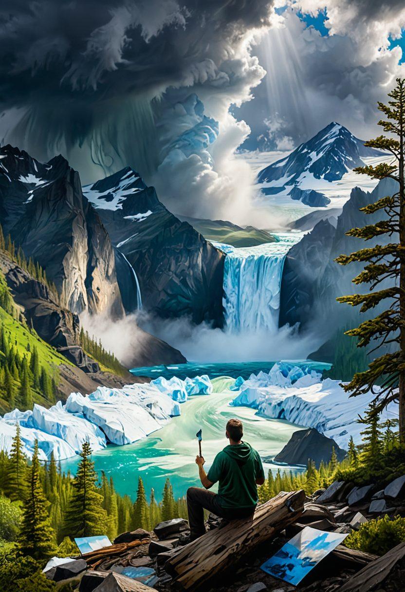 A vibrant canvas filled with powerful climate crisis art, featuring melting glaciers, endangered wildlife, and lush green forests transitioning to barren landscapes. An artist passionately painting outdoors, surrounded by nature, infusing their work with deep emotions of hope and urgency. The background depicts stormy weather contrasting with rays of sunlight breaking through the clouds. High detail, colorful, passionate brush strokes. painting. vibrant colors.