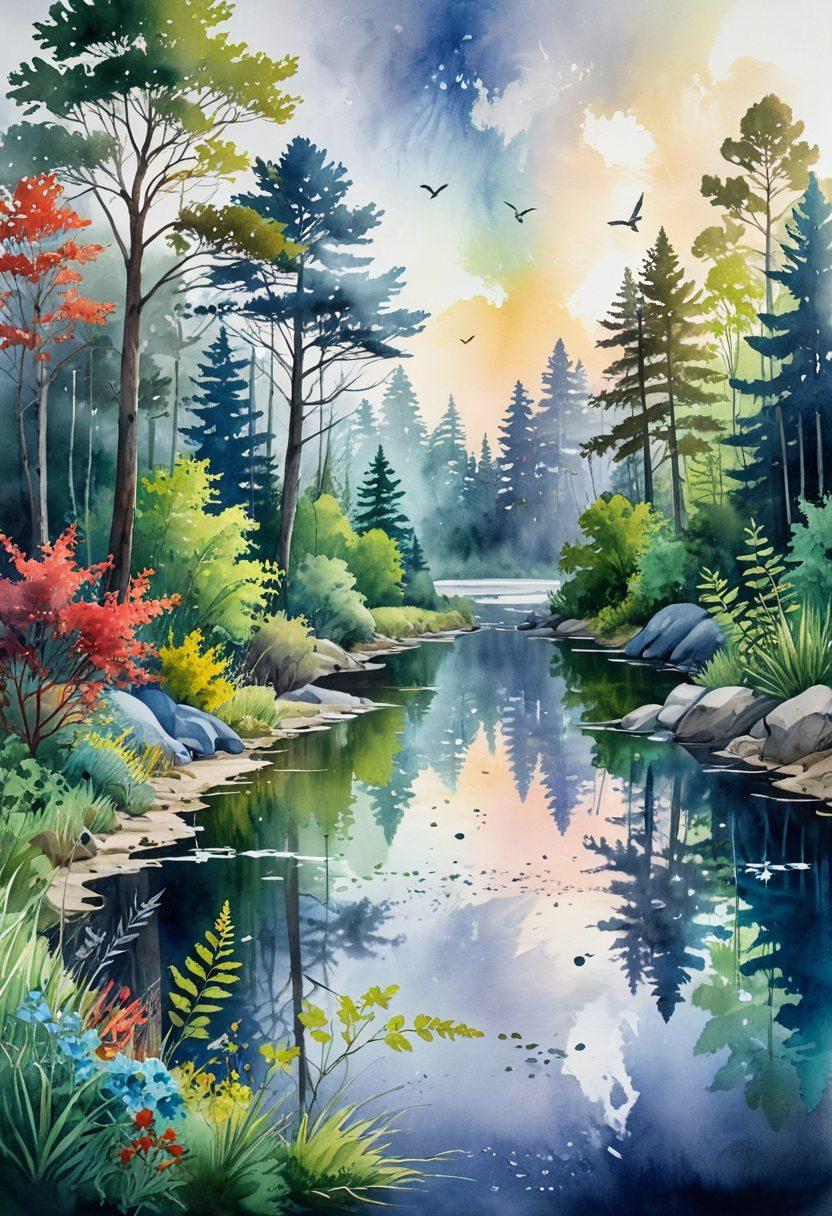A dynamic landscape illustrating the contrast between a polluted environment on one side and a lush, vibrant ecosystem on the other, symbolizing the impact of change. Incorporate brushstroke patterns that blend the two scenes, emphasizing renewal and hope. Include elements like wildlife, trees, and recycling symbols to enhance environmental themes. The sky transitions from gray to blue, depicting a shift in consciousness. watercolor painting, vibrant colors, ethereal light.