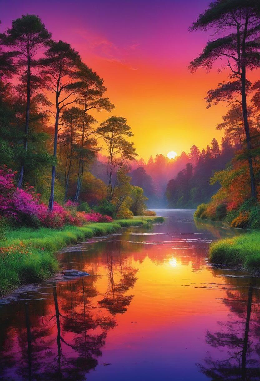 A breathtaking vista where vibrant nature meets artistic expression; lush green forests with splashes of colorful paint resembling brush strokes overlaying the trees, a vivid sunset casting warm hues across the sky, a serene river reflecting the colors like a canvas, and wildlife illuminated in a kaleidoscope of colors. super-realistic. vibrant colors. painting.